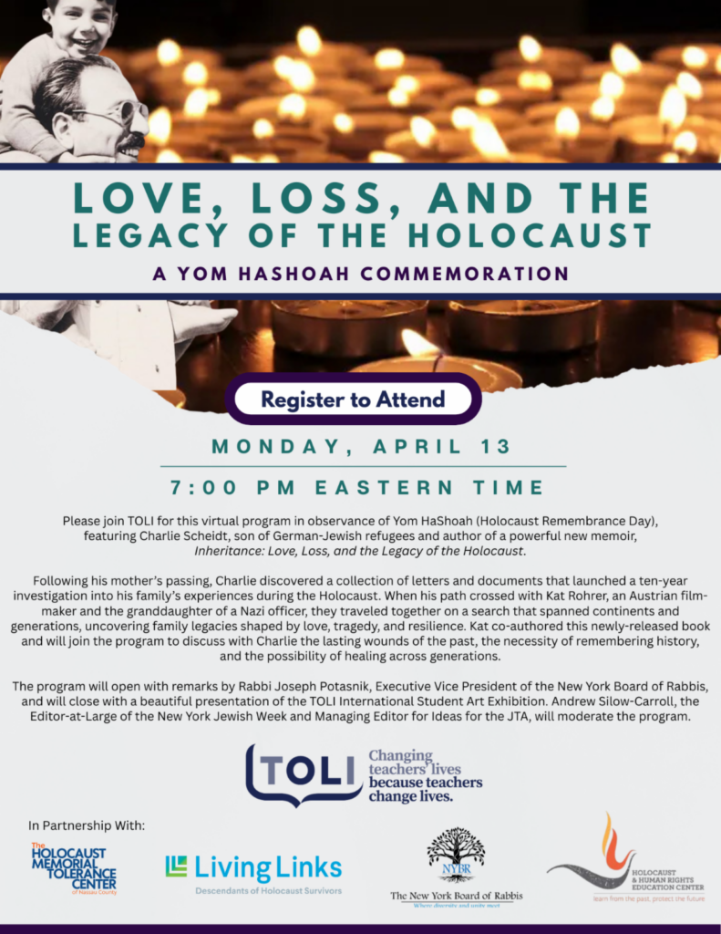 Flyer for a Yom Hashoah event titled 'Love, Loss, and the Legacy of the Holocaust'