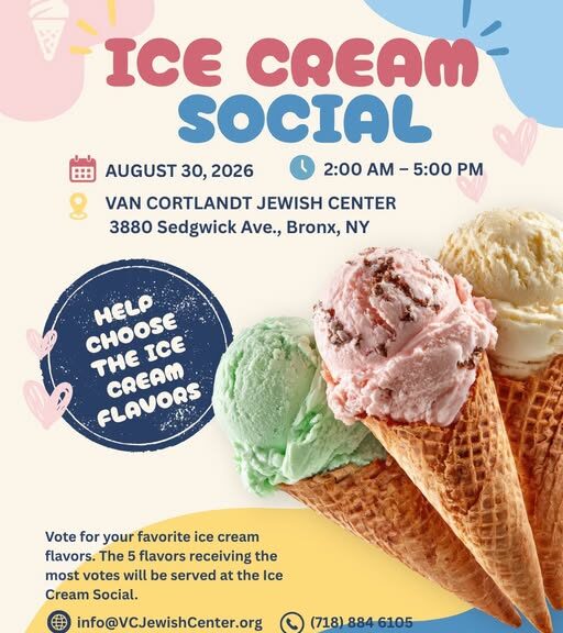 Ice Cream Social event poster with cones and flavor voting details