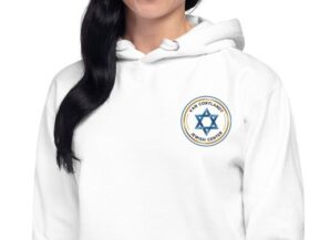 Woman wearing Van Cortlandt Jewish Center hoodie with Star of David logo